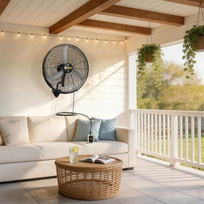 ROVSUN 26" Industrial Wall Fan with Remote Controller & BLDC Motor, High Velocity Wall-mounted Outdoor Fan with 4-Speed and Long Wired Remote, Oscillating Waterproof Wall Mount Fan for Gym, Patio - size: 26''