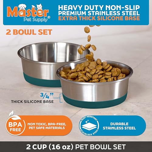 Master Pet Supply Stainless Steel Dog Bowls Set of 2 with Extra Thick Silicone Base - 2 Cup (16 oz) Emerald Sea, Non-Slip, Dishwasher Safe Metal Bowls, Pet Dog Food Bowl for Dogs, Cats, Anti Rust - color: Emerald Sea, size: 2 Cups (16 oz) 2 Pack