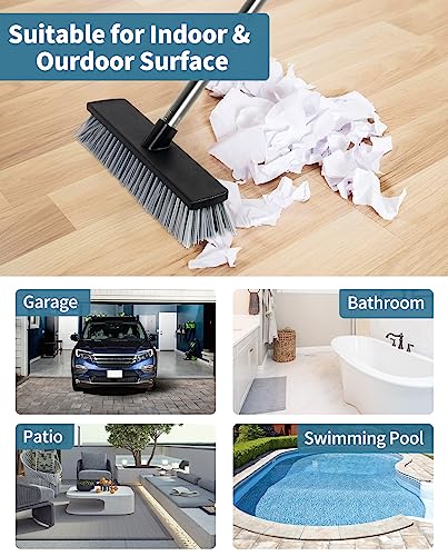 LandHope Hard Bristle Deck Broom Adjustable Long Handle Scrub Brush Heavy Duty Concrete Push Broom Outdoor Brush Garage Broom Wood Large Floor Scrubber 28-52 inch Balcony -Multi Segment Handle