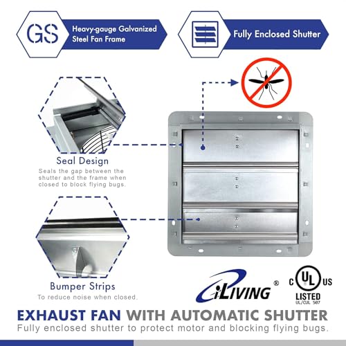 iLiving New Upgraded 10" Wall Mounted Exhaust Fan - Automatic Shutter - Variable Speed - Vent Fan For Home Attic, Shed, or Garage Ventilation, 65 Watts, 820 CFM, 1200 SQF Coverage Area - style: Fan Only