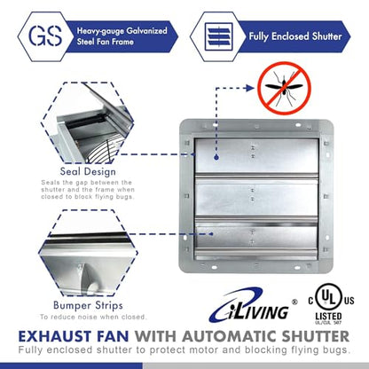 iLiving New Upgraded 10" Wall Mounted Exhaust Fan - Automatic Shutter - Variable Speed - Vent Fan For Home Attic, Shed, or Garage Ventilation, 65 Watts, 820 CFM, 1200 SQF Coverage Area - style: Fan Only