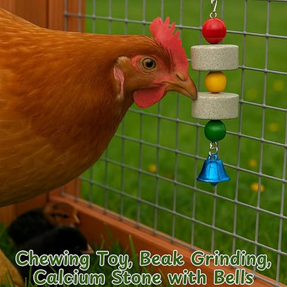 Chicken Hanging Feeder Enrichment Toys and Pecking Block, Beak Grinding Calcium Stone With Bells, Chickens Pecking Toy, Boredom Busters For Chickens Enrichment Toys, Chicken Coop Accessories (Net Bag)