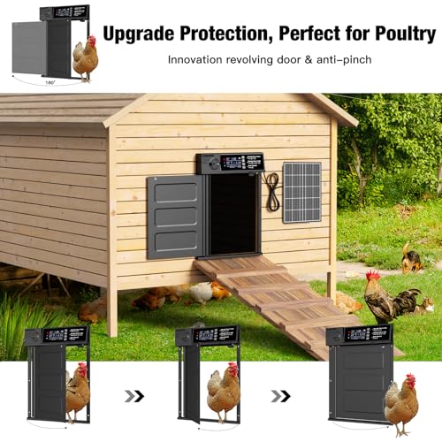Automatic Chicken Coop Door, Large Size Solar Powered Coop Door with Opening in Emergency, Anti-Pinch, Timer & Light Sensor, Aluminum Waterproof Auto Chicken Door, with 7W Solar Panel