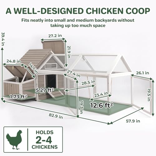 83'' Large Chicken Coop Outdoor with Run, Wooden Chicken Coops with Two Nesting Boxes, Pull-Out Trays, 4 Perches for Backyard, Poultry Cage House with Ramp for Hen, Bunny, Duck, Grey - size: 82.9"L x 57.9"W x 39.4"H