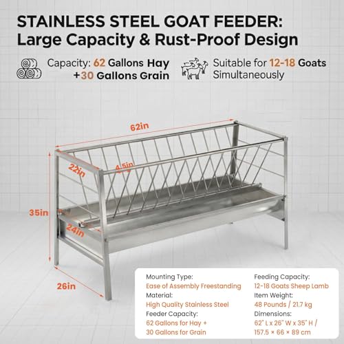 Goat Hay Feeder, 92 Gallons Large Capacity Goat Feeder, Stainless Steel Hay Feeder for Goats with Durable Frame, Deeper Feeding Pan for Goats, Sheep, Horse, Silver (Stainless Steels) - style: Stainless Steels
