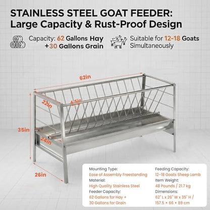 Goat Hay Feeder, 92 Gallons Large Capacity Goat Feeder, Stainless Steel Hay Feeder for Goats with Durable Frame, Deeper Feeding Pan for Goats, Sheep, Horse, Silver (Stainless Steels) - style: Stainless Steels
