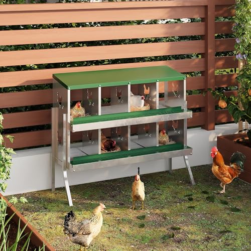 8-Compartment Metal Chicken Nesting Box - with Perch, Secure Lid & Metal Legs, Wall-Mount or Free-Standing Nesting Boxes for Hens - color: green, size: 8 Compartments with legs