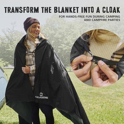 AlphaBeing Waterproof Outdoor Blanket with Merino Wool, Extra Thick Warm, Windproof, Packable Stadium Blankets for Cold Weather, Camping Gift, Pet, Car, Picnic, Concerts, 79" x 59", Black/Gray - color: Black/Gray