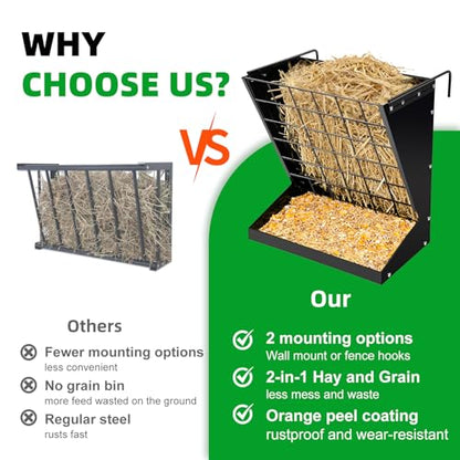 RYFT Wall Mount Hay Feeder, 2 in 1 Heavy-Duty Galvanized Hay & Grain Livestock Feeder, Hay Rack for Goats, Sheep, Horse, Cattle