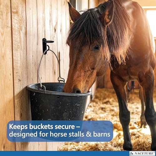 NACETURE Bucket Hooks for Horse Stalls – Anti-Tip Design Feed & Water Bucket Holders, Heavy Duty Stable Barn Fence Accessories – Black Metal Hangers for Horses