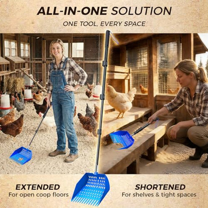 Chicken Poop Scooper & Rake 3 in 1 - Aluminum Alloy Chicken Coop Scoop & Snap-Lock Telescoping Adjustable Handle (16 to 44”), Sand Sifter Shovel for Small Farm Animals US Patent Pending (Aqua Blue) - color: Aqua Blue