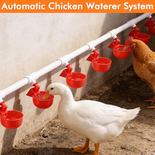 Automatic Chicken Waterer System with PVC Pipeline, Water Cups, Float Valve and Stainless Steel Hoses, Leak-Proof Poultry Watering Kit for Coop, 56 Accessories Included