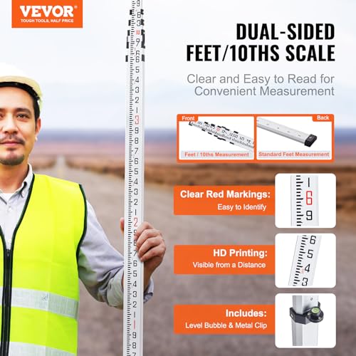 VEVOR Aluminum Grade 20-Feet Telescopic Measuring Rod, Double-Sided Scale 1/10ft Leveling Rod Stick with Bubble Level & Carrying Bag for Houses, Walls, Floor - size: 20 FT-10ths