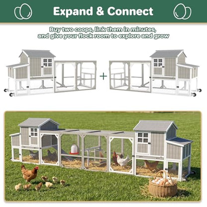 Large Chicken Coop with Run & Wheels, Portable Outdoor Hen House for 3-6 Chickens, 3 Nesting Boxes, Quail Hutch & Poultry Cage, Removable Tray & Ramp (95.3" L Grey) - size: 95.3"L x 31.5"W x 45.0"H