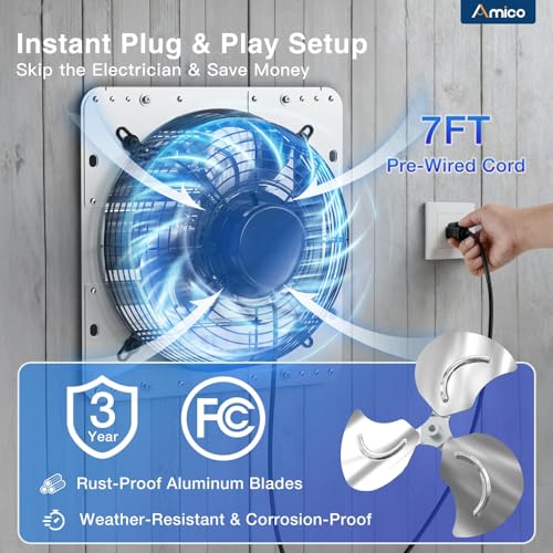 Amico 10" Shutter Exhaust Fan with Remote, 9-Speed Energy Efficient & Quiet 13W DC Motor 1000 CFM Wall Mount Ventilation Fan for Garage,Greenhouse,Attic & Chicken Coop,Plug & Play,8-Hour Timer,FCC - size: 10 inch