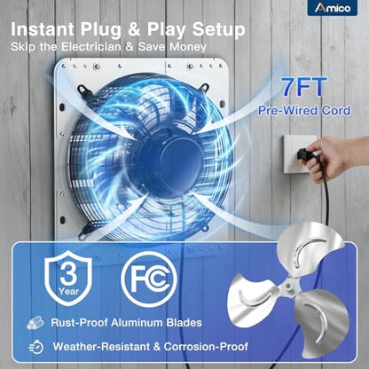 Amico 10" Shutter Exhaust Fan with Remote, 9-Speed Energy Efficient & Quiet 13W DC Motor 1000 CFM Wall Mount Ventilation Fan for Garage,Greenhouse,Attic & Chicken Coop,Plug & Play,8-Hour Timer,FCC - size: 10 inch