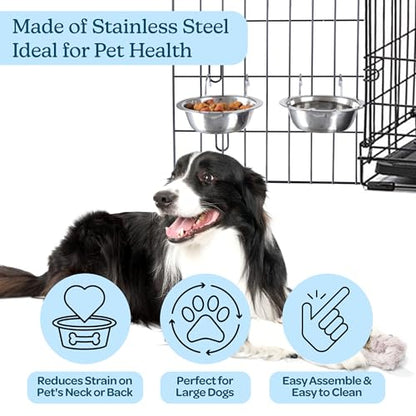 Set of 2 Stainless-Steel Dog Bowls - Cage, Kennel, and Crate Hanging Pet Bowls for Food and Water - 48oz Each and Dishwasher Safe by PETMAKER