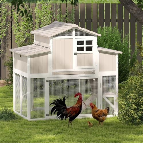 Gowoodhut 56.03" L 2-Story Chicken Coop with Run,Fir Wood Chicken House Hen House with 2 Large Nesting Boxes,Expandable Poultry Cage for 2-4 Chicken with 4 Perching Bars,Pull-Out Tray,Ramps - size: 56.3"L x 35.2"W x 52.8"H