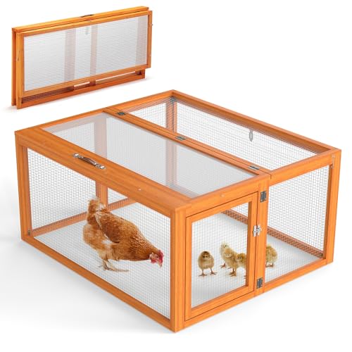 COZIWOW Chicken Coop Pen Portable Wooden Rabbit Hutch - Folding Indoor & Outdoor Chicken Cage Brooder with UV-Proof Panel, Top and Side Openable Doors, Includes 4X Garden Stakes, 43.3 Inch (Orange) - color: Orange