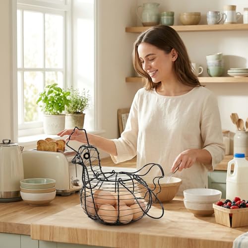 MyGift Rustic Chicken Wire Egg Basket - Black Metal Hen Shaped Egg Holder for Kitchen Counter Storage & Easter Decor, Farmhouse Table Centerpiece