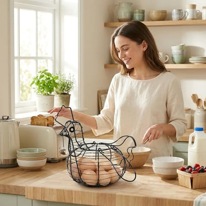 MyGift Rustic Chicken Wire Egg Basket - Black Metal Hen Shaped Egg Holder for Kitchen Counter Storage & Easter Decor, Farmhouse Table Centerpiece