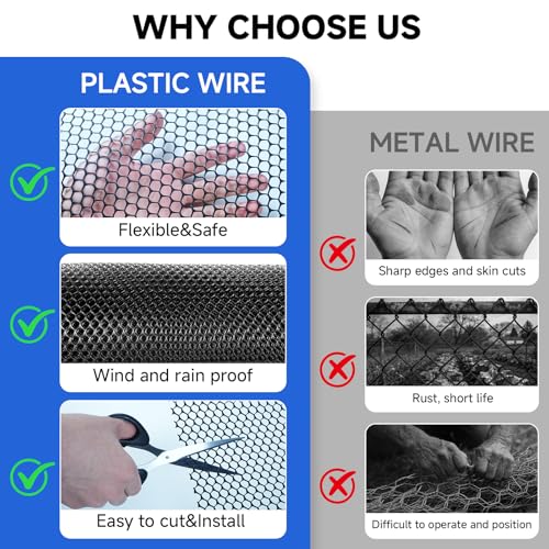Plastic Chicken Wire Mesh Roll, 16INx50FT Black Chicken Wire Fencing Poultry Netting Garden Fence for Chicken Coop, Cat Balcony Protection Pet Barrier Plant Protectors from Animals Temporary Fencing