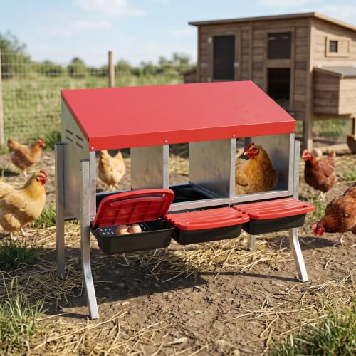 Garvee 3-Hole Roll Away Egg Collection Chicken Nesting Box, Galvanized Steel Nest Box for Laying Eggs - color: Red, size: 3 holes with legs