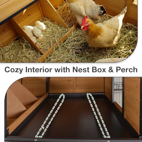 85.6" Chicken Coop with Wheels and Large Run, Heavy Duty Metal Frame Wooden Hen House for 4-6 Chickens, Mobile Poultry Cage with 3 Nesting Boxes, Waterproof Asphalt Roof & Anti-Predator Locks - color: Orange