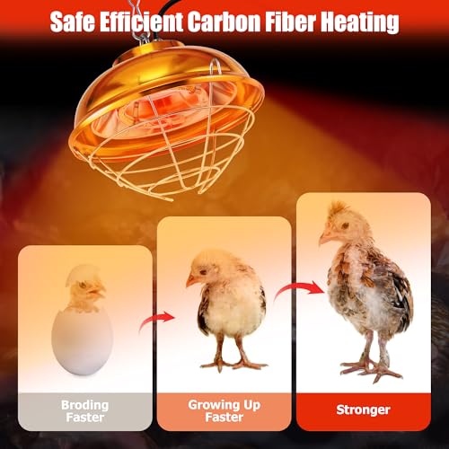 Chicken Coop Heater, 300W Heat Lamp for Chickens, Dual Temperature, Carbon Fiber Heating Coil, with Spare Heating Coil, Aluminum Alloy Shade & 6.6' Hanging Chain, Chicken Heat Lamp for Winter