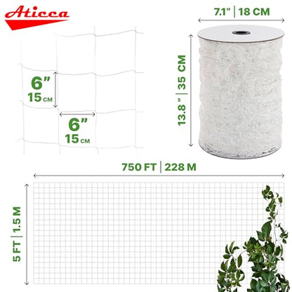ATICCA Trellis Netting 5 x 750 ft Heavy Duty Polyester Plant Support Netting White - 6 Inch Garden Rope Trellis on Roll - Mesh Twine for Growing Vine Climbing Plants, Flowers, Peas, and Tomatoes. - size: 5x750ft Polyester Trellis Netting