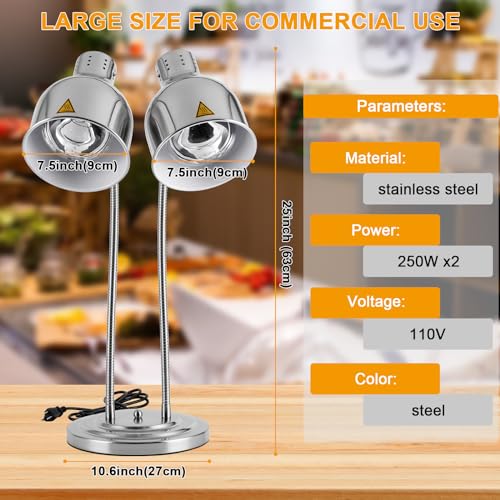 Stainless Steel Food Warmer Lamp Heat Lamp with Bulbs for Food Heating Lamp Commercial Food Buffet Warmer Lamp Restaurant Food Service - color: Silver