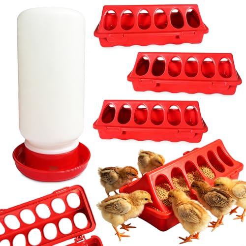Chick Feeder and Waterer Set, 3 Pack 12-Hole No-Spill Poultry Feeders with 1PCS 1L Automatic Chicken Waterer, Baby Chick Starter Kit for Ducklings, Quail, Small Birds