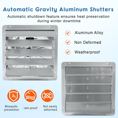 Garvee 20 In Shutter Exhaust Fan, Wall Mounted Shutter Exhaust Fan Aluminum, 3500 CFM High Speed Louvered Vent Fan with Automatic Shutter for Garage, Attic, Workshop, Greenhouse - size: 20 In