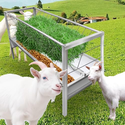 90 Gallon Goat Hay Feeder No Waste, 2 in 1 Hay Feeder for Goats with 30 GAL Feed Pan & 60 GAL Hay Rack, Livestock Hay Feeder for Feeding Goat, Sheep, Horse Indoor & Outdoor (Alloy Steel) - style: Alloy Steel