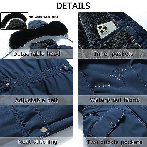 MOERDENG Women's Long Winter Down Coat Thicken Fleece Lined Parka Warm Puffer Jacket With Faux Fur Detachable Hood - color: Navy, size: 3X-Large