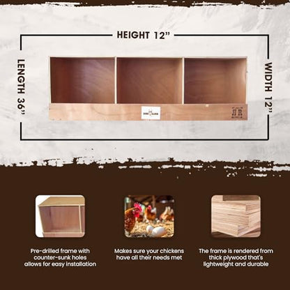 Rugged Ranch TRIPLEX RuggEgg Primitive Barn Wooden Chicken Coop Triple Nesting Egg Boxes for 3 Hens or Chickens, Natural Brown