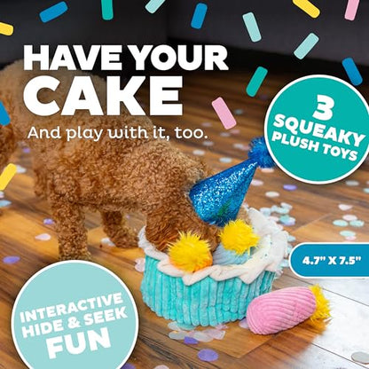 Outward Hound Hide-A-Birthday-Cake Dog Toy – Interactive 2‑in‑1 Plush Puzzle with 3 Squeaky Removable Candles - color: Birthday Cake