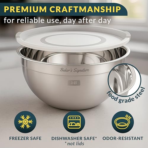 Baker's Signature Stainless Steel Mixing Bowls With Lid, Metal Mixing Bowl Set Of 5, Nesting Set For Food Prep, Baking,Storage, Cooking, Serving | Dishwasher Safe, 0.5/1.5/3/4/5 Qt - size: Set of 5