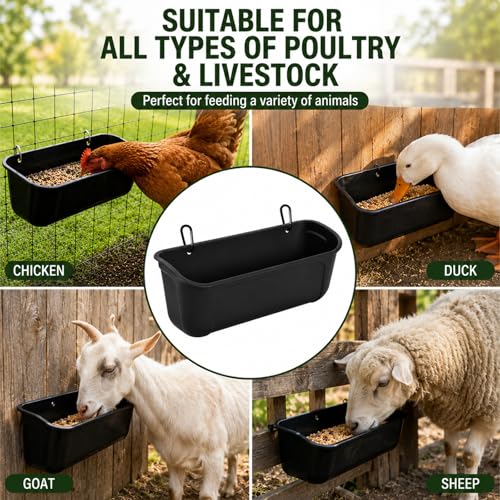 Chicken Feeder and Waterer 2 Pack, Hanging Fence Feed Trough with Clips, Chicken Coop Accessories Goat Duck Deer Poultry Feeder Livestock Feeding Container Trough, Black
