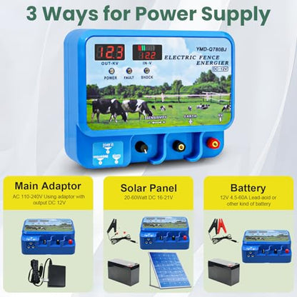 15.5J Electric Fence Charger, 15.5 Joules 600 Acres, AC DC 2 in 1 Powered Supply, Input 12V Output 12KV, with Display Remote and Alarm, Keep Out Predators, Contain Cattle Cow and Livestock