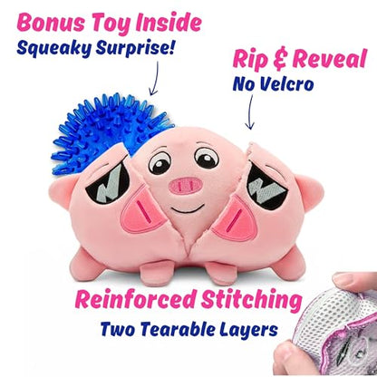 Piggy 3 in 1 Plush Pig Dog Chew Toy with Squeaky Ball Inside for Aggressive Chewers, Super Interactive, No Stuffing, Strong Tough Heavy Durable, Birthday Gift Box for Small & Large Breeds - color: Pink