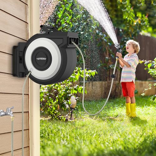 Tuyeho Retractable Garden Hose Reel 100FT, Wall Mount Heavy Duty Water Hose Reels with Automatic Slow Rewind System, Outdoor Hoses Reel with 2 Hose Nozzles for Garden Watering, Car Wash, Pet Shower - size: 1/2" 100FT