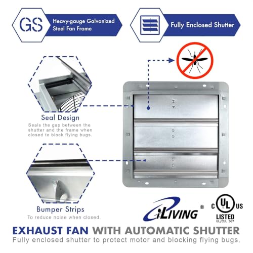 iLiving 12" Shutter Exhaust Fan with Wireless Smart Remote Controlled Thermostat and Humidity, Variable Speed Wall Mounted Attic Vent Fan, Chicken Coop Ventilation, 960 CFM, 1400 SQF Coverage Area - size: 12 inches