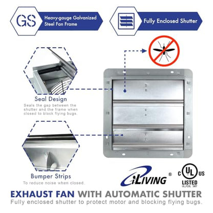 iLiving 12" Shutter Exhaust Fan with Wireless Smart Remote Controlled Thermostat and Humidity, Variable Speed Wall Mounted Attic Vent Fan, Chicken Coop Ventilation, 960 CFM, 1400 SQF Coverage Area - size: 12 inches