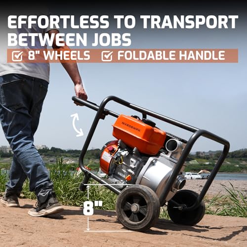 NOVUS 2-Inch Semi Trash Pump with Foldable Handle and Wheels, 212cc 4 Cycle Engine, 50ft Discharge Hose, 12ft Suction Hose with Quick Cam Lock Coupler,Gas Powered Irrigation Water Pump, EPA Certified - size: 2 Inch with Hose and Wheel