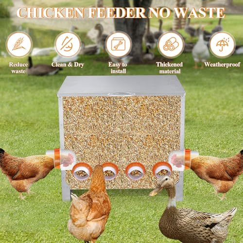 Automatic Chicken Feeder No Waste Large Capacity 85lbs 6-Ports Metal Poultry Feeder with Pull Handle for Chickens Geese Ducks Poultry Coop Weatherproof Design - color: 85lb with 6 Ports