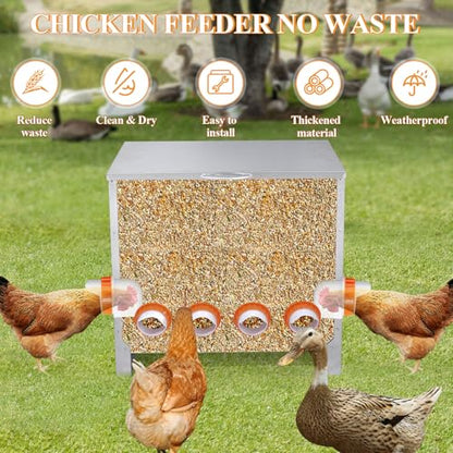 Automatic Chicken Feeder No Waste Large Capacity 85lbs 6-Ports Metal Poultry Feeder with Pull Handle for Chickens Geese Ducks Poultry Coop Weatherproof Design - color: 85lb with 6 Ports