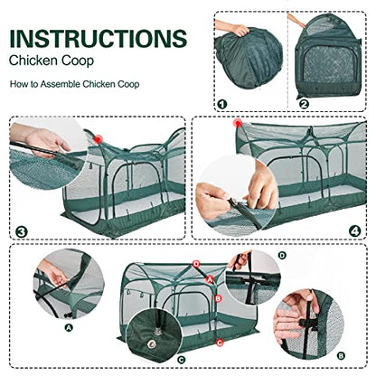 ANC POP Portable Chicken Run Large Pop-Up Chicken Pen for Small Animals Outdoor Gardening Net with 3 Doors and Handbag, Easy to Install and Storage, Green - size: 98.4"L x 49.2"W x 51.2"H