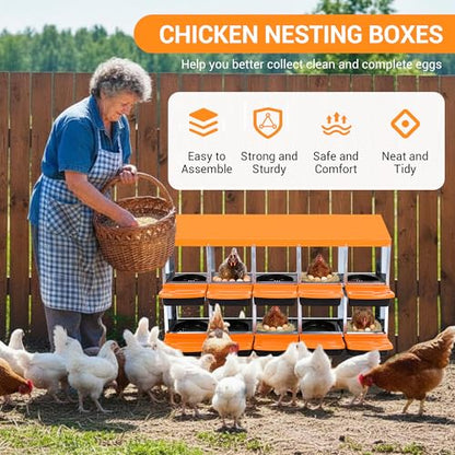 10-Hole Chicken Nesting Box, 2-Tier 10 Compartment Metal Roll Away Egg Laying Box with Lid & Legs, Easy Egg Collection, Galvanized Steel Rustproof Poultry Laying Boxes for Hens, Ducks, Farm, Yard - size: 10 holes-Orange