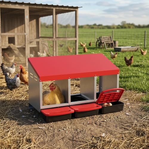 Garvee 3-Hole Roll Away Egg Collection Chicken Nesting Box, Galvanized Steel Nest Box for Laying Eggs - color: Red, size: 3 holes
